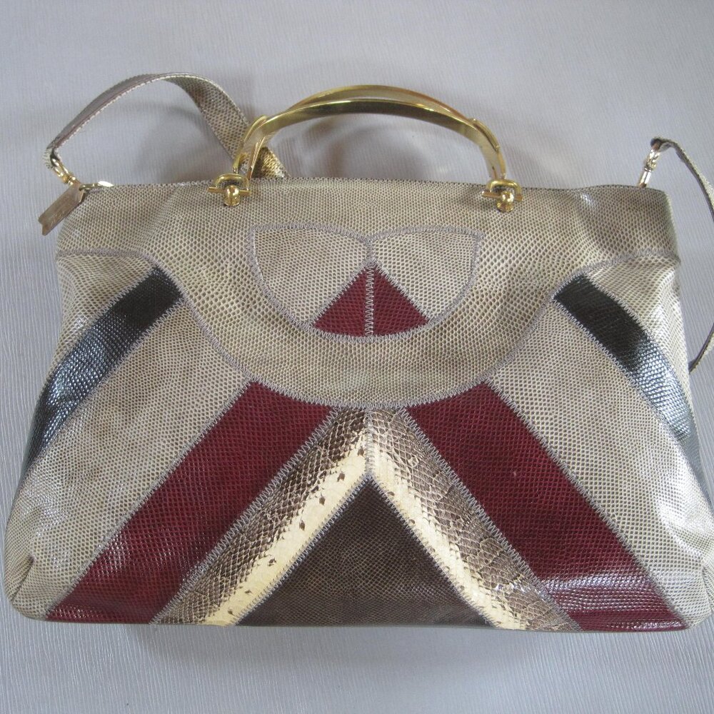 Bags by Varon vintage snakeskin handbag multicolor brass handles EVC 1960’s - Picture 3 of 7